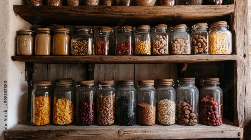 A rustic wooden shelf in a farmhouse, displaying a collection of jars filled with dried fruits and nuts.