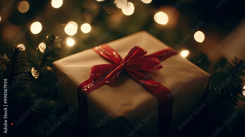 A present wrapped in brown paper, tied with a red ribbon and a bow, shines in the Christmas lights.