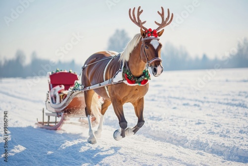 A festive horse wearing antlers trots through the snow, pulling a decorated sleigh in a winter wonderland. photo