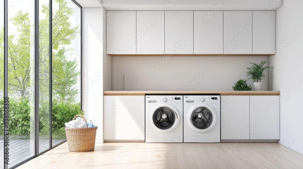 A bright laundry room with modern built-in washing and drying machines, minimalistic white cabinets, and a laundry basket filled with clothes. Generative AI A bright laundry room with modern built-in washing and drying machines, minimalistic white cabinets, and a laundry basket filled with clothes. Generative AI