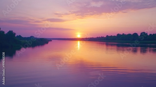 A serene river at sunset with orange and pink hues reflecting off the calm waters.