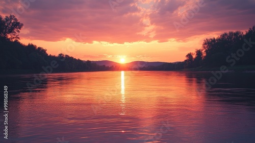 A serene river at sunset with orange and pink hues reflecting off the calm waters.