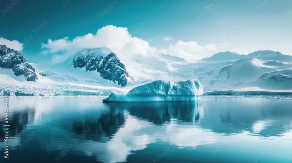 A serene view of an iceberg gently floating in a calm bay with snow-covered mountains beyond. A serene view of an iceberg gently floating in a calm bay with snow-covered mountains beyond.