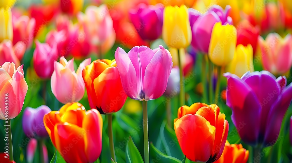 Colorful tulip flowers blooming in the garden at sunset. Colorful tulip flowers blooming in the garden at sunset.