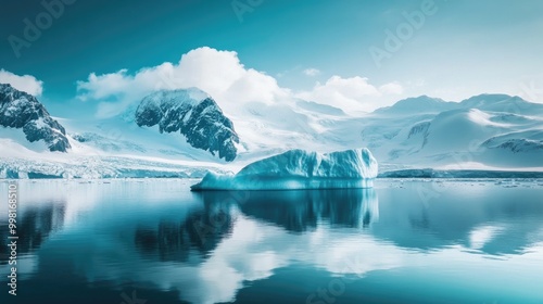 A serene view of an iceberg gently floating in a calm bay with snow-covered mountains beyond.