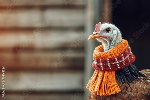 A stylish turkey adorned with a colorful scarf, showcasing a whimsical touch in a rustic setting. photo