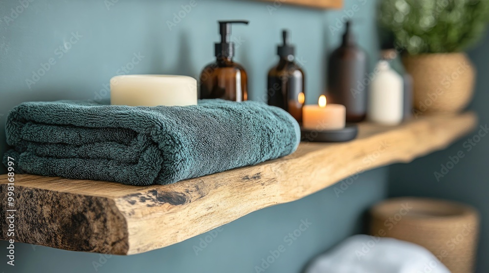 A simple wooden shelf in a bathroom with bath products, neatly folded towels, and a candle.