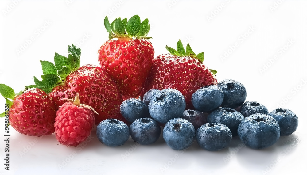 A bunch of fresh berries (strawberries, blueberries, raspberries) isolated on a white background, focus on the shine of water adhering to the surface of the fruit. A bunch of fresh berries (strawberries, blueberries, raspberries) isolated on a white background, focus on the shine of water adhering to the surface of the fruit.