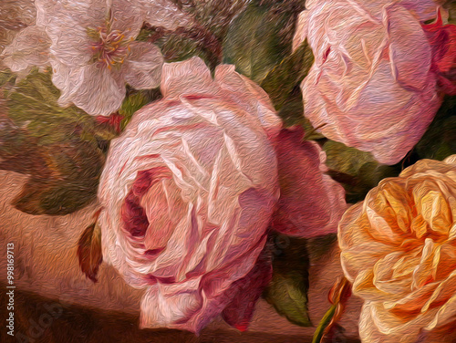 Bright bouquet of pink roses flowers. oil acril painting on canvas photo