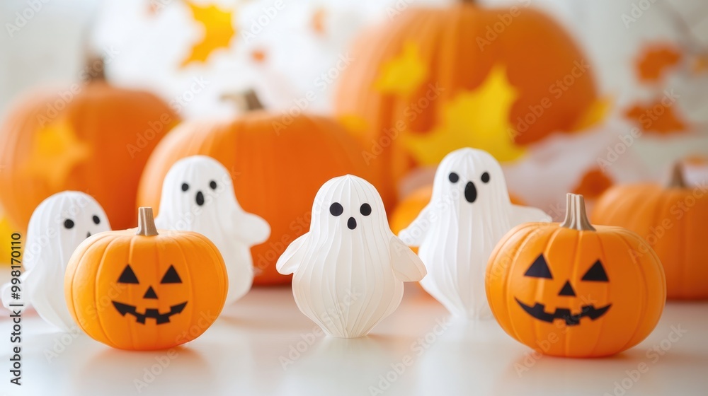 Micro Stock Image Halloween Party Decorations with Ghosts and Pumpkins