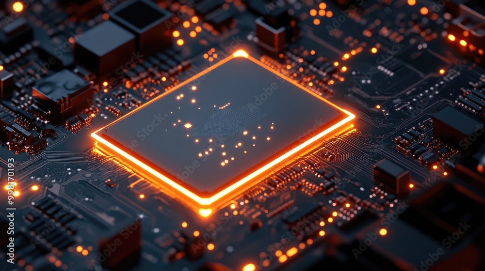 A top-down view of a high-performance CPU mounted on a modern circuit board with glowing components. A top-down view of a high-performance CPU mounted on a modern circuit board with glowing components.