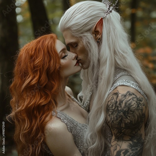 elves couple hugging kissing mythical heroes