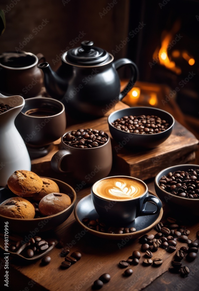 inviting coffee setup featuring steaming fresh coffee cozy warm light perfect gathering, beans, mugs, aroma, brew, beverage, cup, drink, taste, flavor inviting coffee setup featuring steaming fresh coffee cozy warm light perfect gathering, beans, mugs, aroma, brew, beverage, cup, drink, taste, flavor