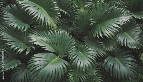 Close-up from above of green tropical palm leaves forming a closed canopy 