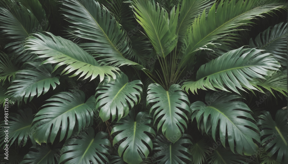 Close-up from above of green tropical palm leaves forming a closed canopy Close-up from above of green tropical palm leaves forming a closed canopy