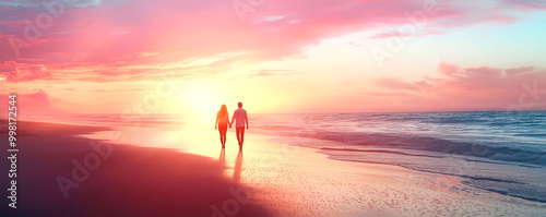 A couple walking hand-in-hand on a beach during a sunny Sunday sunset, Sunday love, romantic weekend