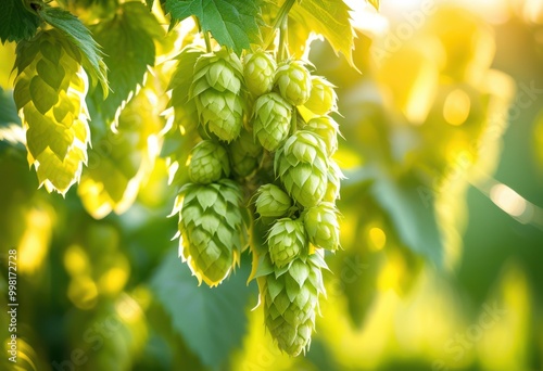 vibrant close fresh beer hops illuminated sunlight showcasing lush greenery textural details, freshness, botanical, texture, nature, agriculture, plant