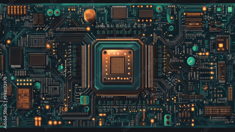 Circuit board with a large CPU at the center, surrounded by electronic components and data traces. Circuit board with a large CPU at the center, surrounded by electronic components and data traces.