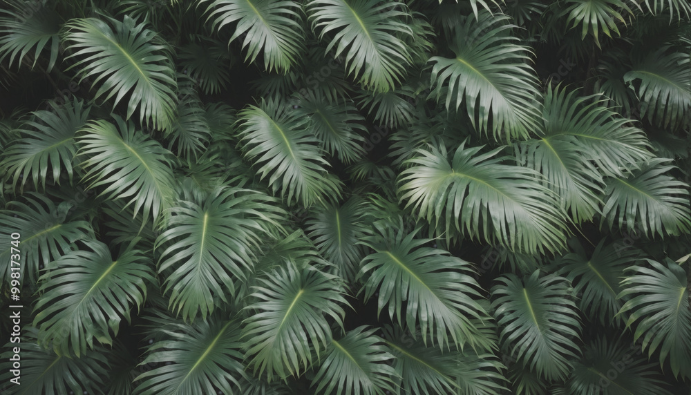 Close-up from above of green tropical palm leaves forming a closed canopy Close-up from above of green tropical palm leaves forming a closed canopy