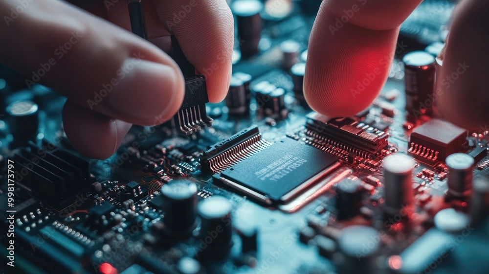 Hands installing a new CPU into a socket on a modern circuit board ...