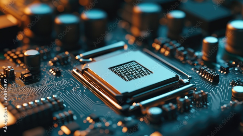 Macro image of a CPU placed on a circuit board with transistors and capacitors visible in the background. Macro image of a CPU placed on a circuit board with transistors and capacitors visible in the background.