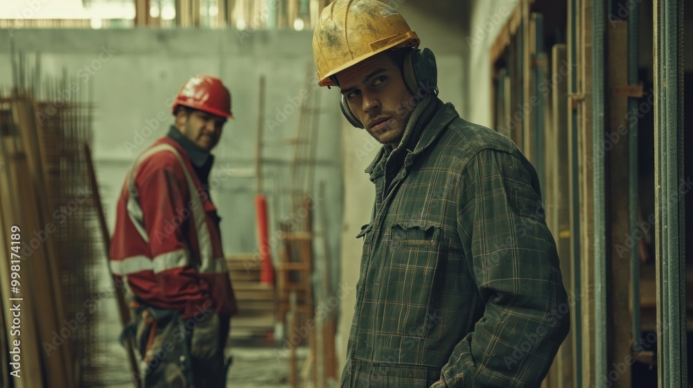 Construction Worker in Yellow Hard Hat and Ear Protection Looking Over Shoulder Construction Worker in Yellow Hard Hat and Ear Protection Looking Over Shoulder