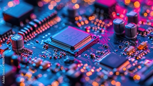 Macro shot of a motherboard with a visible CPU chip and nearby capacitors, resistors, and heat sink.