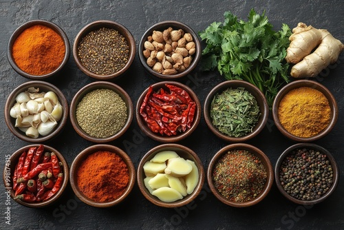 A variety of spices and herbs arranged in small bowls on a black background.