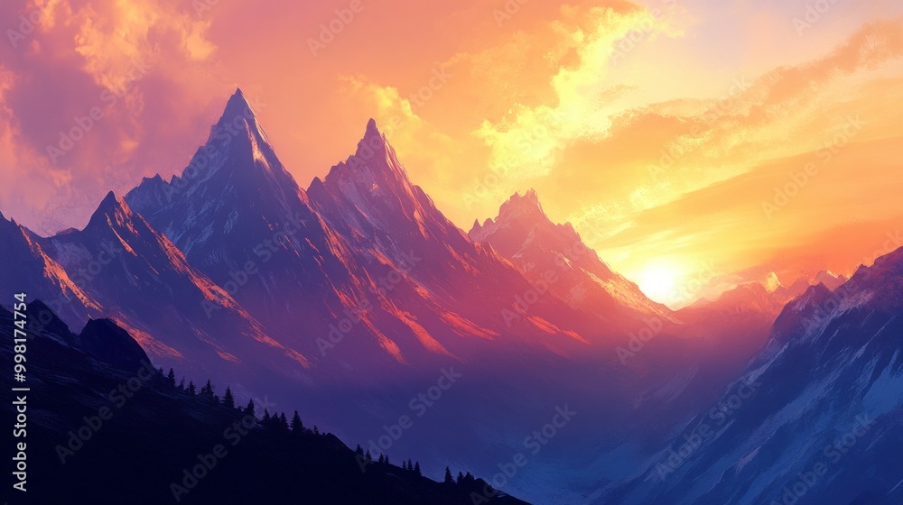 Majestic Mountain Range at Sunset with Vibrant Sky Majestic Mountain Range at Sunset with Vibrant Sky