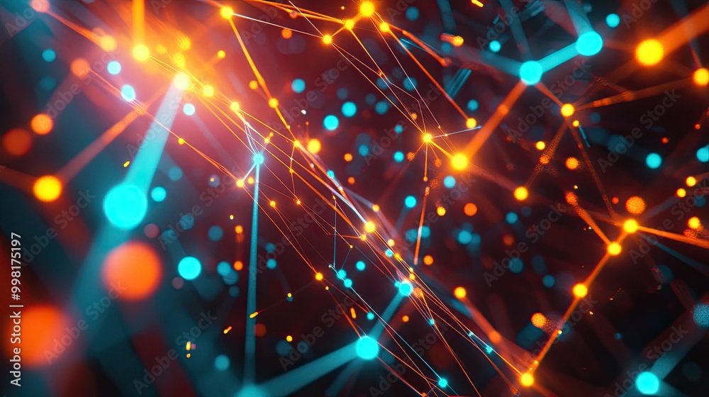 Fototapeta premium Abstract technology network of bright, glowing nodes connected by sleek lines, perfect for futuristic banners, posters, or social media posts.