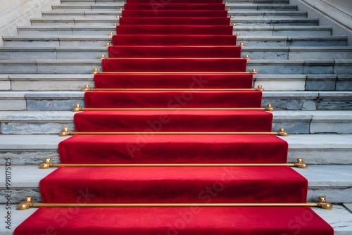 Gray stone steps with red carpet, contrast suggests special event on worn staircase