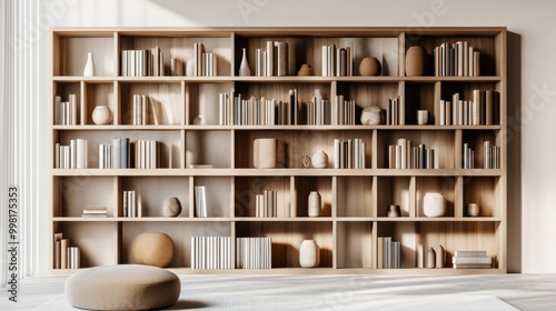 A modern bookshelf filled with decorative items, isolated on a white background