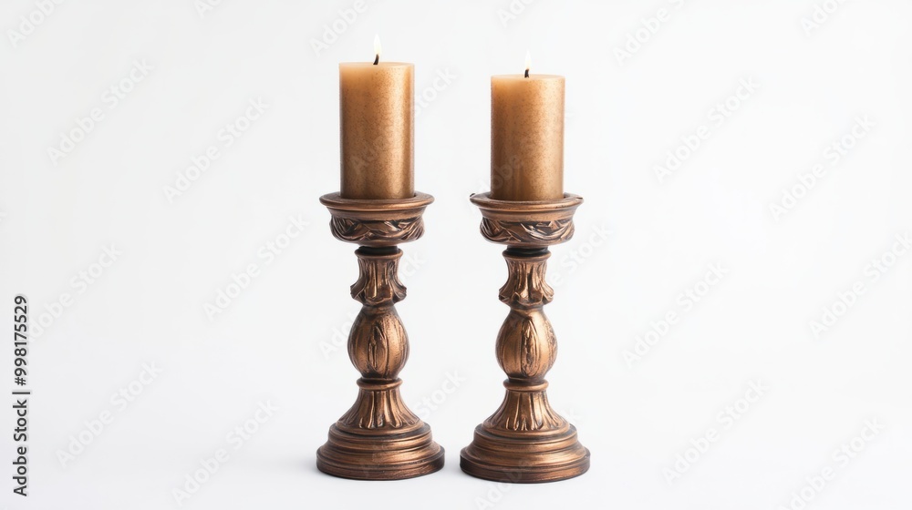 A pair of decorative candle holders with tall candles, isolated on a white background A pair of decorative candle holders with tall candles, isolated on a white background