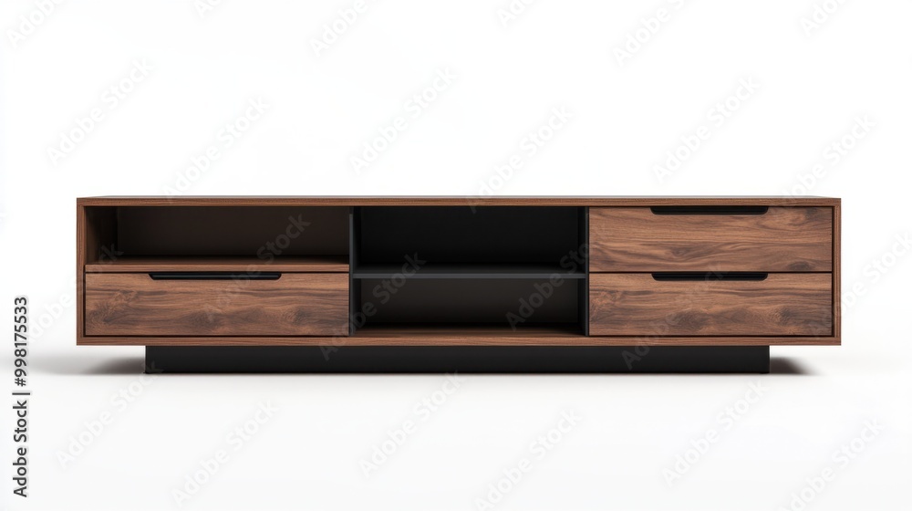 A modern media console with drawers and open shelves, isolated on a white background