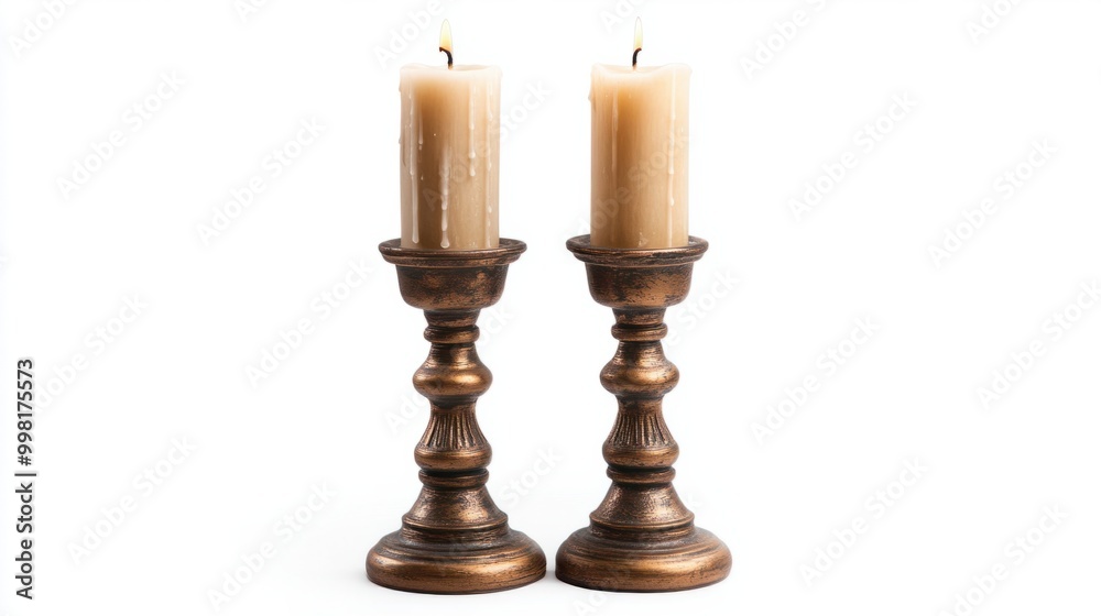 A pair of decorative candle holders with tall candles, isolated on a white background A pair of decorative candle holders with tall candles, isolated on a white background