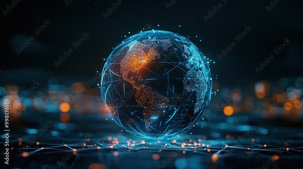 Obraz premium A stunning 3D representation of a globe illuminated with vibrant blue and orange lights, showcasing a digital network connection against a dark background.