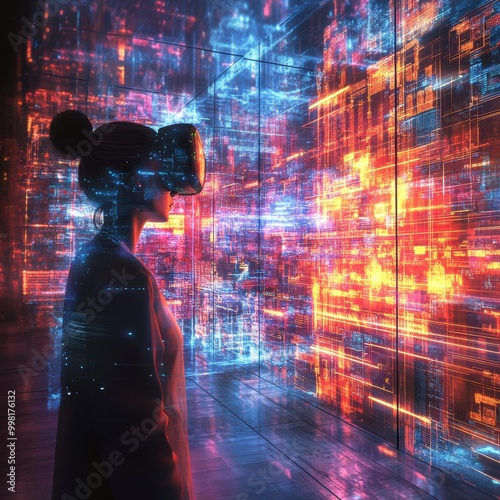 Woman using virtual reality headset in a digital environment.