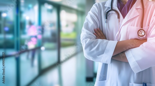 Doctor with arms crossed in hospital hallway.