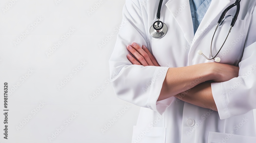 A doctor stands with arms crossed, wearing a white coat and stethoscope. A doctor stands with arms crossed, wearing a white coat and stethoscope.
