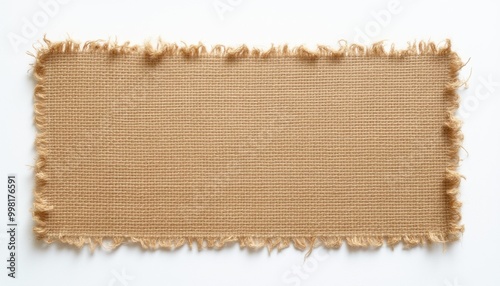 A rectangular piece of rough, beige-colored burlap cloth with frayed edges on a white background.