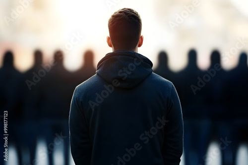 A person standing alone while a group behind them whis photo