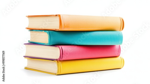 A stack of hardcover books with colorful covers, isolated on a white background