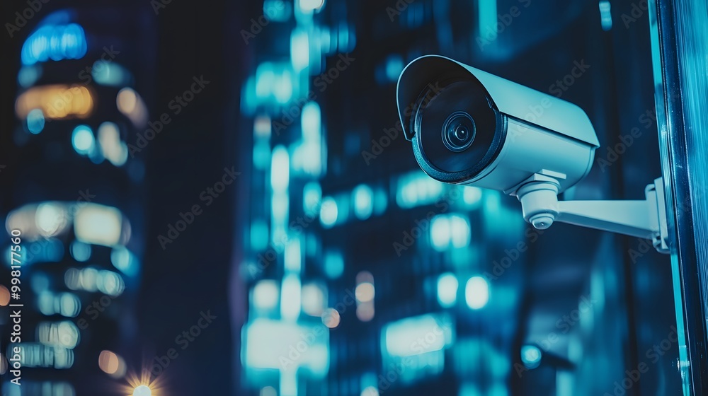 Security camera mounted on a building in the city at night. Security camera mounted on a building in the city at night.