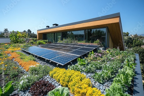 A modern home with a green roof and solar panels. photo