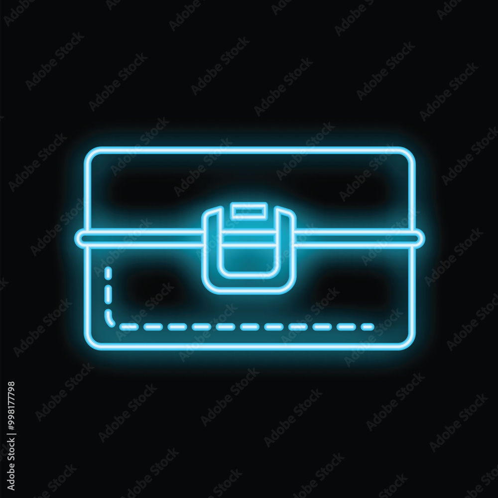 Bright blue neon lunch box glowing on a black background Bright blue neon lunch box glowing on a black background