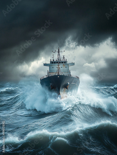 Cargo ship navigating through rough seas during a violent storm with towering waves and dark storm clouds, maritime vessel struggling against the turbulent ocean in a dramatic seascape