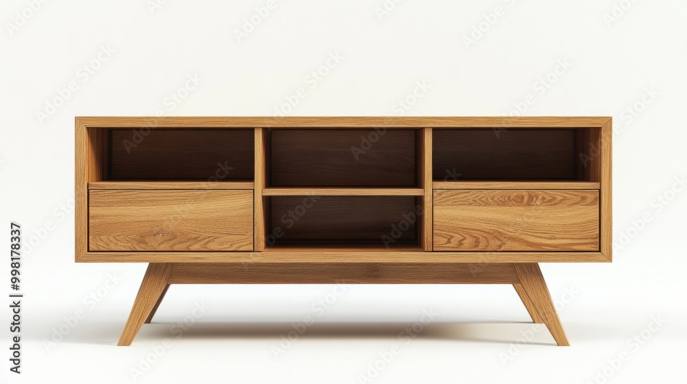 A wooden TV stand with open shelves, isolated on a white background A wooden TV stand with open shelves, isolated on a white background