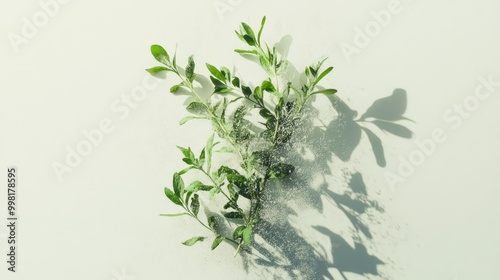 Green Foliage Branch and Its Shadow in Water Droplets