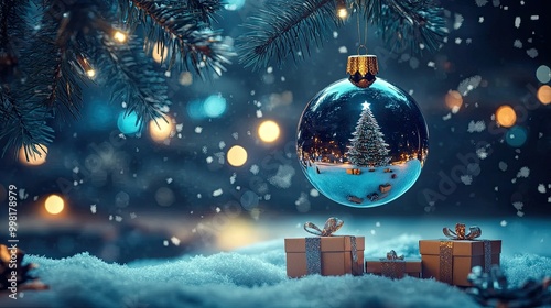 Bauble reflecting a Christmas tree, hanging from a snowy fir branch. Gift boxes are scattered below, with glowing blue abstract lights creating a magical night atmosphere.