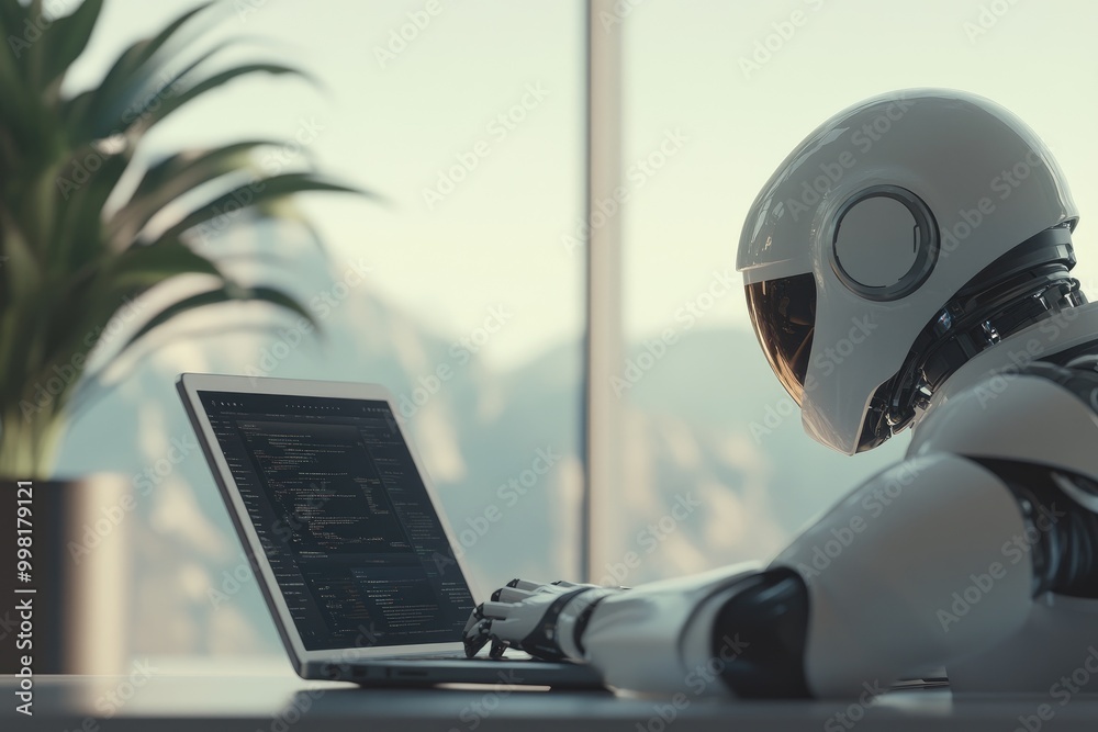 Businessperson and AI Robot Assistant in Discussion Businessperson and AI Robot Assistant in Discussion